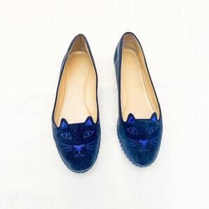 Charlotte Olympia Kitten Navy Blue Suede Velvet Flat Leather Sole SIze 8.5 Italy
